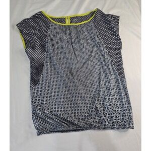Ann Taylor LOFT Navy White Geometric Floral Cap Sleeve Blouse Neon Trim Small